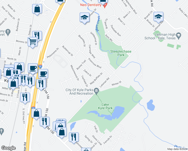 map of restaurants, bars, coffee shops, grocery stores, and more near 110 Pony Cove in Kyle