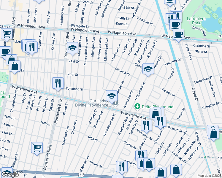 map of restaurants, bars, coffee shops, grocery stores, and more near 528 North Upland Avenue in Metairie