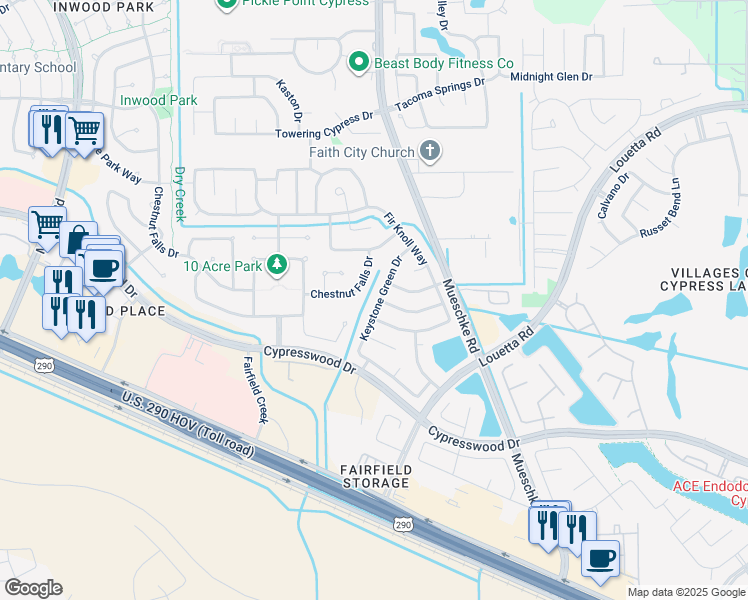 map of restaurants, bars, coffee shops, grocery stores, and more near 14611 Keystone Green Drive in Cypress