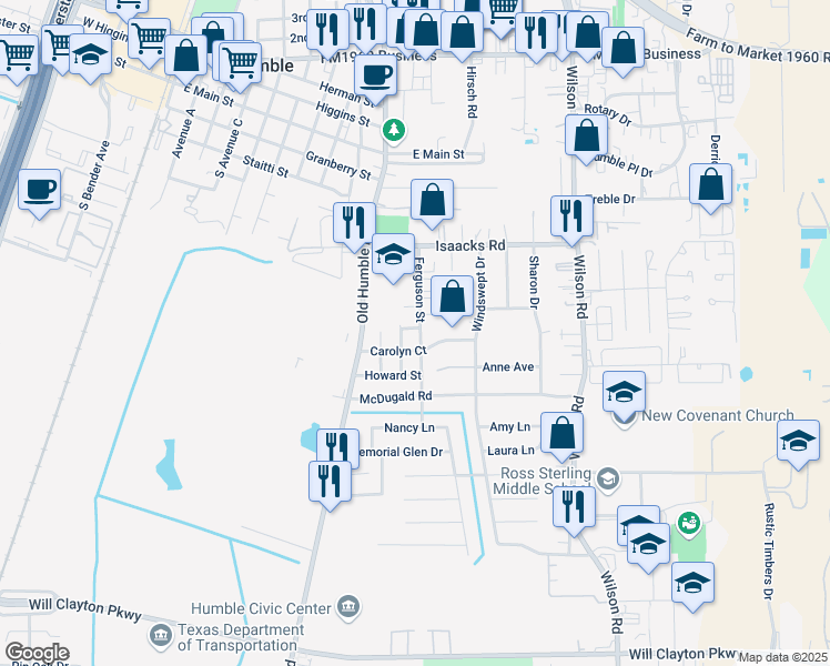 map of restaurants, bars, coffee shops, grocery stores, and more near 626 Ferguson Street in Humble