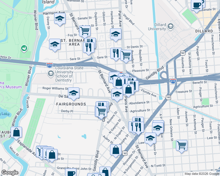 map of restaurants, bars, coffee shops, grocery stores, and more near 33594 Paris Avenue in New Orleans