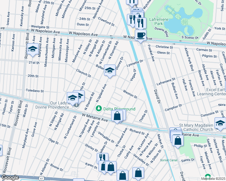 map of restaurants, bars, coffee shops, grocery stores, and more near 1100 Lynnette Drive in Metairie