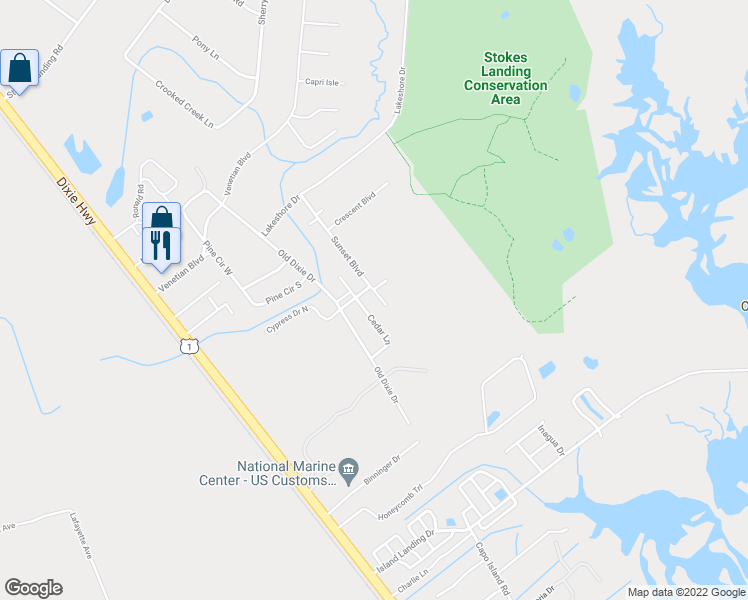 map of restaurants, bars, coffee shops, grocery stores, and more near 6187 Sunset Boulevard in St. Augustine
