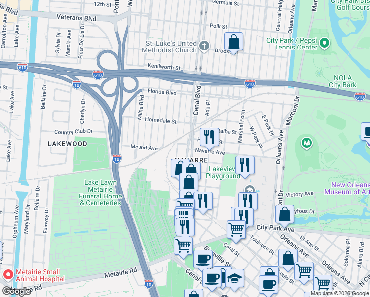 map of restaurants, bars, coffee shops, grocery stores, and more near 5489 Canal Boulevard in New Orleans