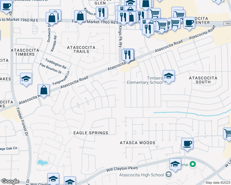 map of restaurants, bars, coffee shops, grocery stores, and more near 18502 Huron Park Trail in Humble