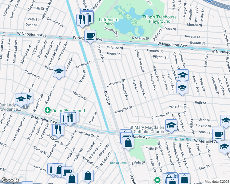 map of restaurants, bars, coffee shops, grocery stores, and more near 43 3rd Street in Metairie