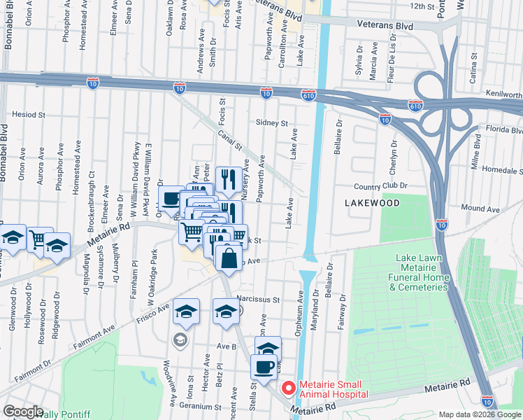 map of restaurants, bars, coffee shops, grocery stores, and more near 263 Papworth Avenue in Metairie