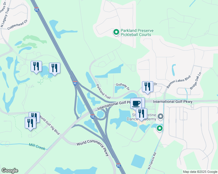 map of restaurants, bars, coffee shops, grocery stores, and more near 101405 Golfway West Drive in St. Augustine