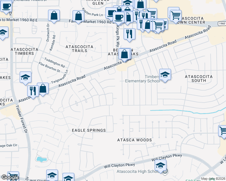 map of restaurants, bars, coffee shops, grocery stores, and more near 18502 Huron Park Trail in Humble