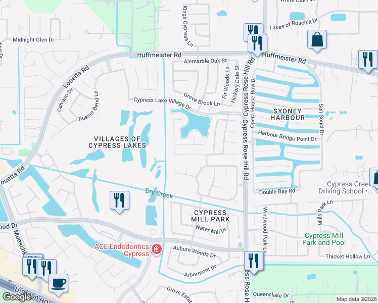 map of restaurants, bars, coffee shops, grocery stores, and more near 18502 Lodgepole Pine Street in Cypress