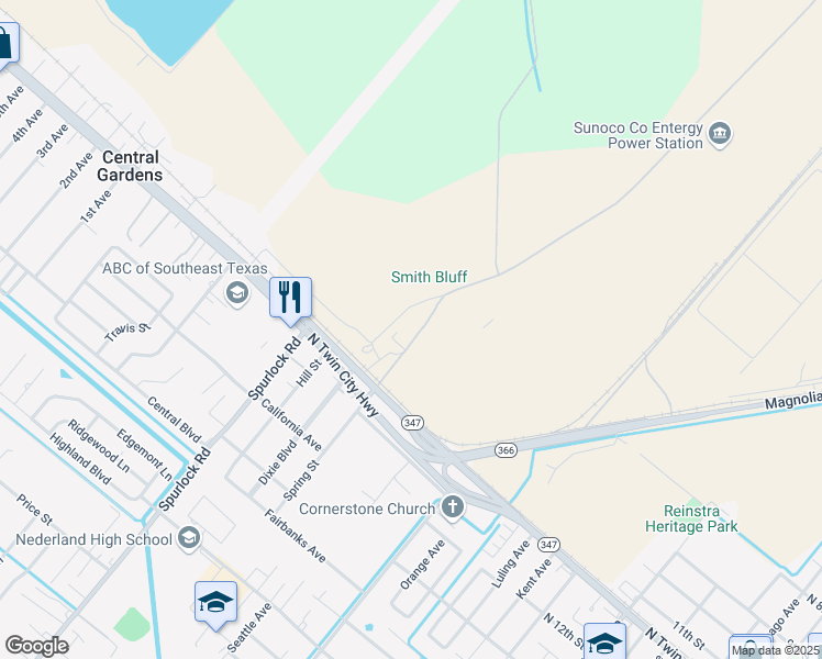 map of restaurants, bars, coffee shops, grocery stores, and more near 2300 North Twin City Highway in Nederland