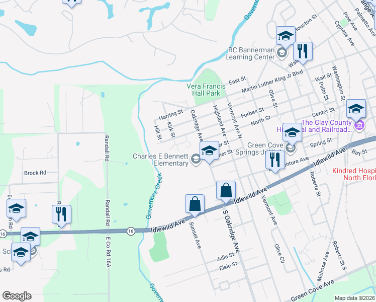 map of restaurants, bars, coffee shops, grocery stores, and more near 411 Evelyn Court in Green Cove Springs