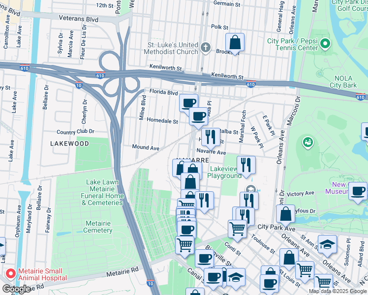 map of restaurants, bars, coffee shops, grocery stores, and more near 5490 Hawthorne Place in New Orleans