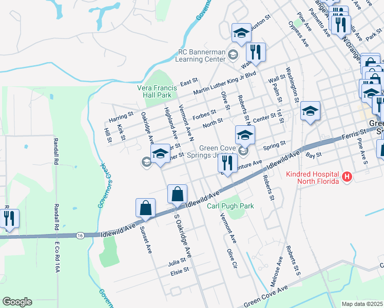 map of restaurants, bars, coffee shops, grocery stores, and more near 1401 Walnut Street in Green Cove Springs