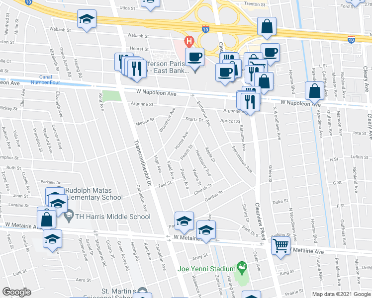 map of restaurants, bars, coffee shops, grocery stores, and more near 1528 Peach Street in Metairie
