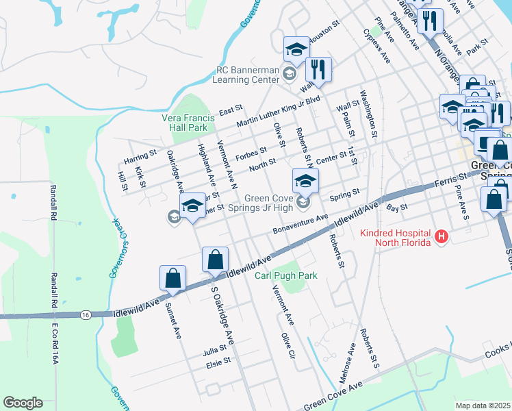 map of restaurants, bars, coffee shops, grocery stores, and more near 1332 Walnut Street in Green Cove Springs