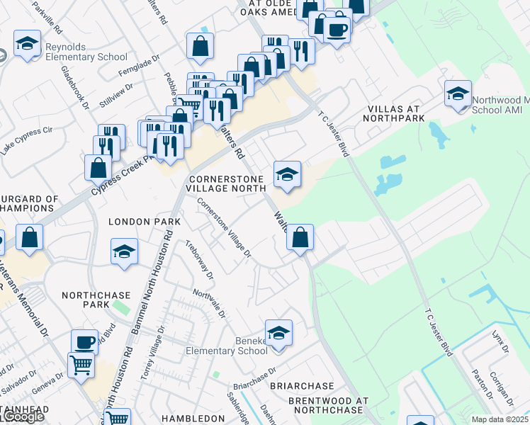 map of restaurants, bars, coffee shops, grocery stores, and more near 14201 Walters Road in Houston