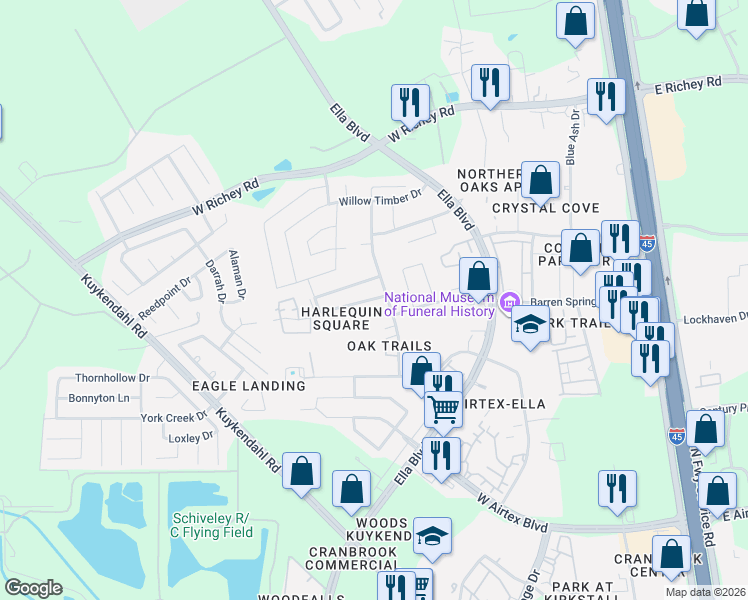map of restaurants, bars, coffee shops, grocery stores, and more near 842 Sun Prairie Drive in Houston