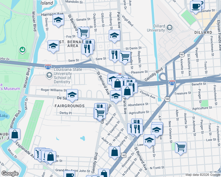 map of restaurants, bars, coffee shops, grocery stores, and more near 33594 Paris Avenue in New Orleans