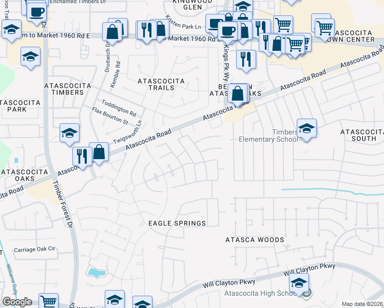 map of restaurants, bars, coffee shops, grocery stores, and more near 18518 Blanca Springs Court in Humble