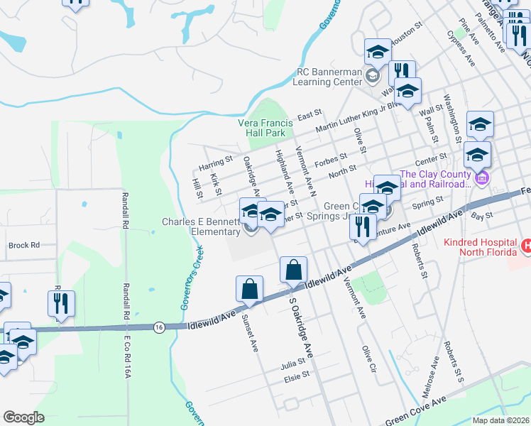 map of restaurants, bars, coffee shops, grocery stores, and more near 6 Oakridge Avenue North in Green Cove Springs