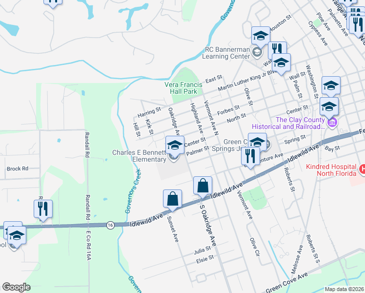 map of restaurants, bars, coffee shops, grocery stores, and more near 6 Oakridge Avenue North in Green Cove Springs