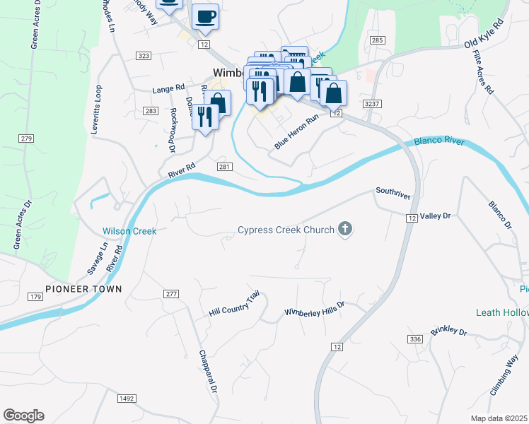 map of restaurants, bars, coffee shops, grocery stores, and more near 510 River Road in Wimberley