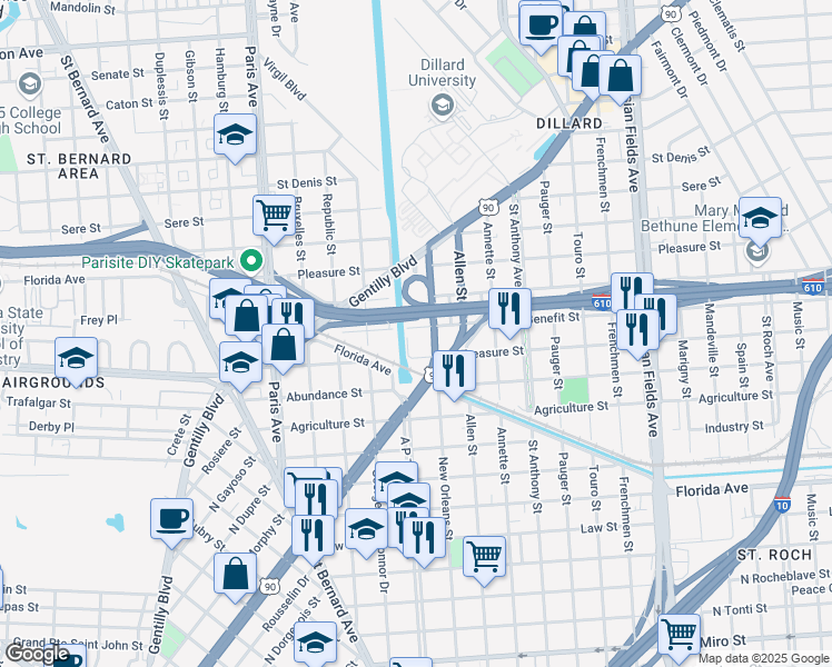 map of restaurants, bars, coffee shops, grocery stores, and more near 1815 Treasure Street in New Orleans