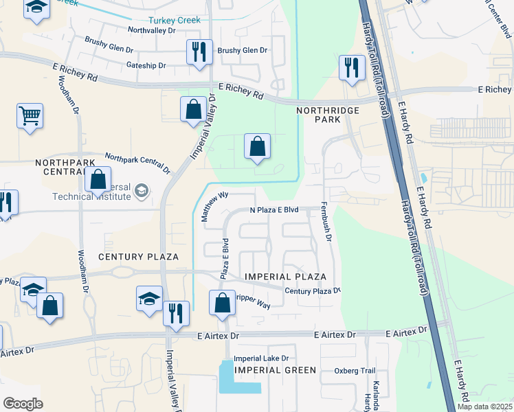 map of restaurants, bars, coffee shops, grocery stores, and more near 1127 Ashley Glen Circle in Houston