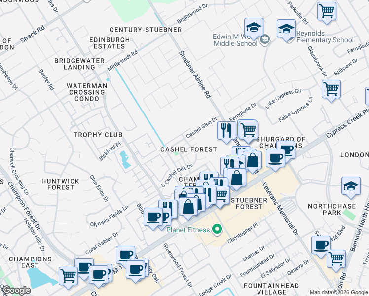 map of restaurants, bars, coffee shops, grocery stores, and more near 4723 Cashel Castle Drive in Houston