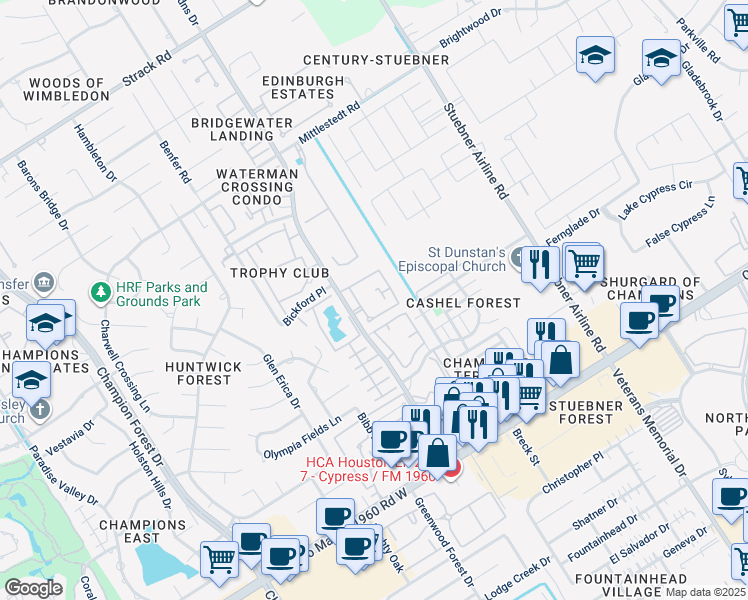 map of restaurants, bars, coffee shops, grocery stores, and more near 14222 Wunderlich Drive in Houston