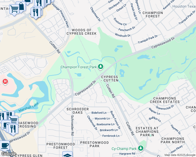 map of restaurants, bars, coffee shops, grocery stores, and more near 9719 Cypresswood Drive in Houston