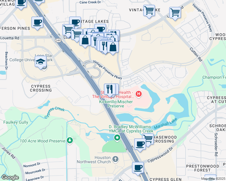 map of restaurants, bars, coffee shops, grocery stores, and more near 20330 State Highway 249 in Houston