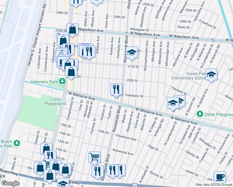 map of restaurants, bars, coffee shops, grocery stores, and more near 1903 Kentucky Avenue in Kenner