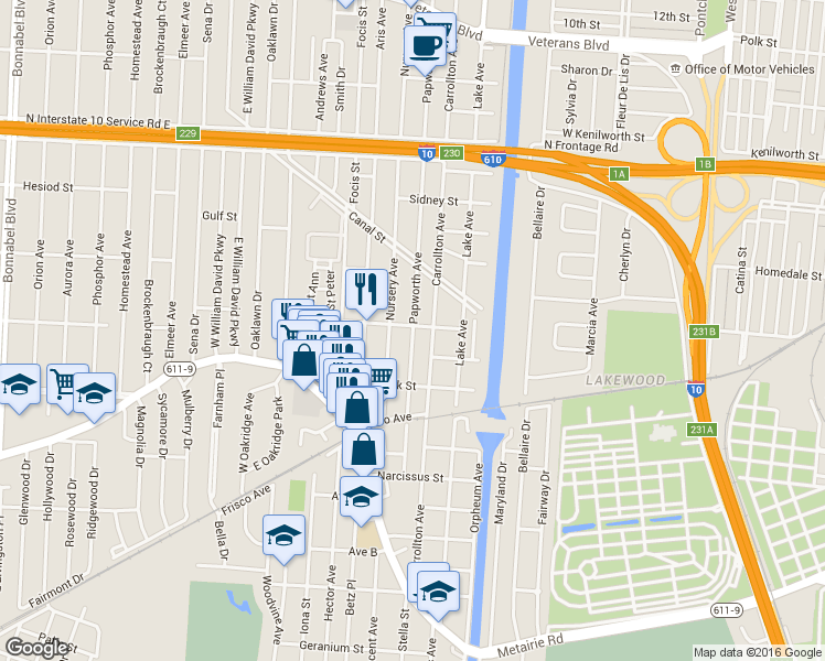map of restaurants, bars, coffee shops, grocery stores, and more near 263 Papworth Avenue in Metairie