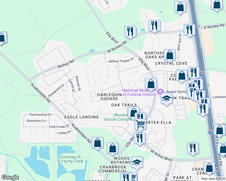 map of restaurants, bars, coffee shops, grocery stores, and more near 842 Sun Prairie Drive in Houston