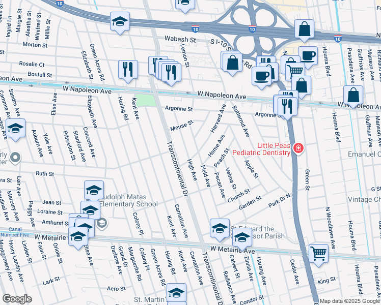 map of restaurants, bars, coffee shops, grocery stores, and more near 1512 Field Avenue in Metairie