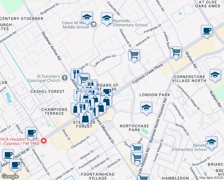 map of restaurants, bars, coffee shops, grocery stores, and more near 4232-4298 Cypress Creek Parkway in Houston