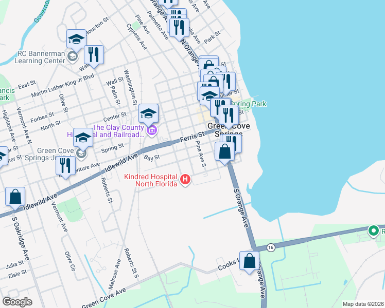 map of restaurants, bars, coffee shops, grocery stores, and more near 410 Cypress Avenue South in Green Cove Springs
