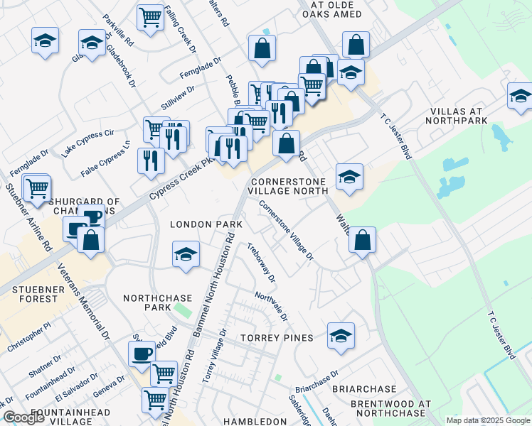 map of restaurants, bars, coffee shops, grocery stores, and more near 14441 Cornerstone Village Drive in Houston