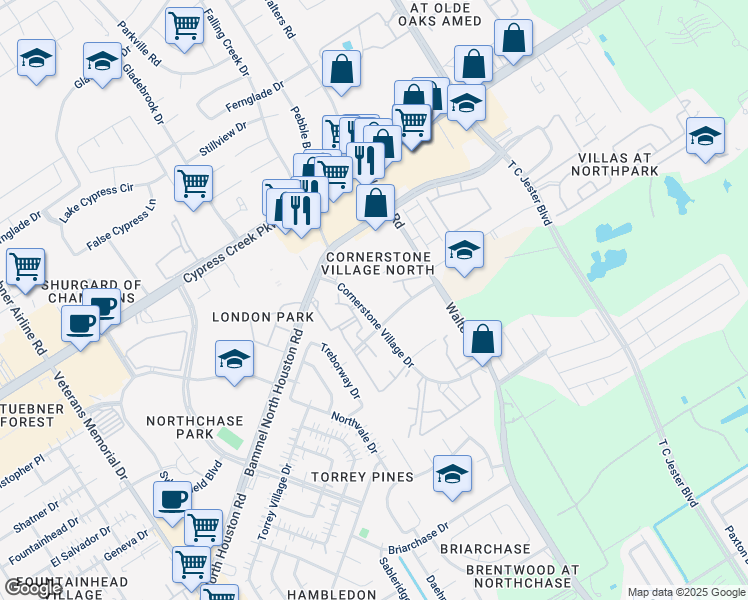 map of restaurants, bars, coffee shops, grocery stores, and more near 14407 Cornerstone Village Drive in Houston