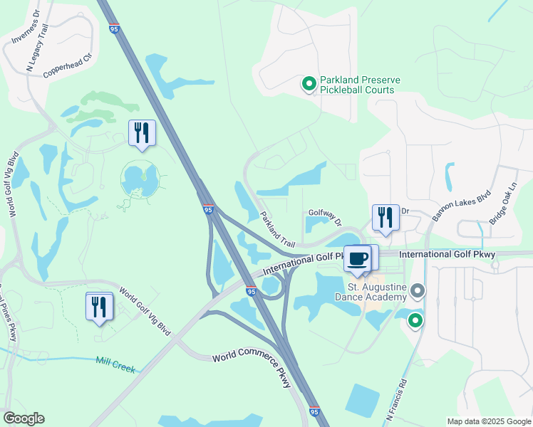 map of restaurants, bars, coffee shops, grocery stores, and more near Parkland Trail in St. Johns County