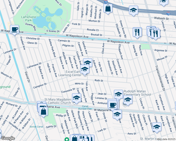 map of restaurants, bars, coffee shops, grocery stores, and more near 6201 Camphor Street in Metairie