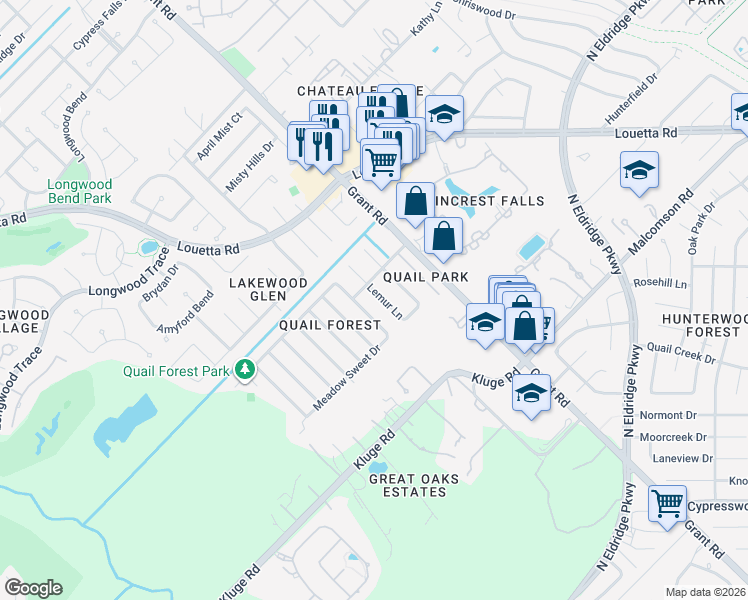 map of restaurants, bars, coffee shops, grocery stores, and more near 12914 Lake Mist Drive in Cypress