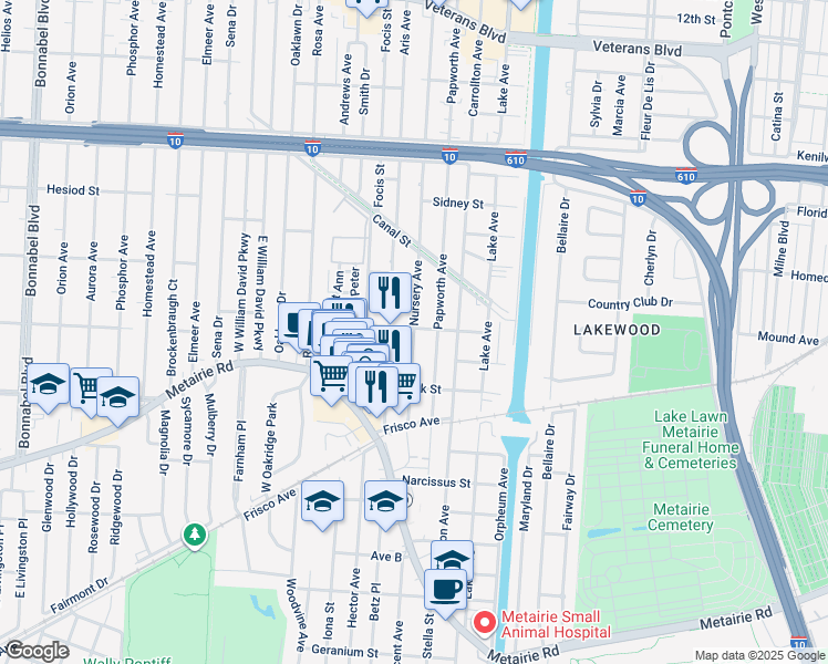 map of restaurants, bars, coffee shops, grocery stores, and more near 503 Rose Street in Metairie