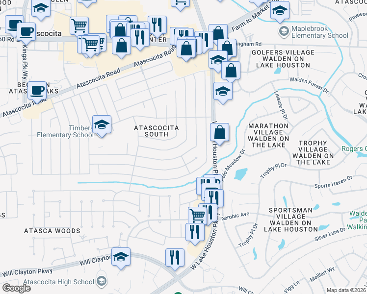 map of restaurants, bars, coffee shops, grocery stores, and more near 7430 Logging Trail Drive in Humble