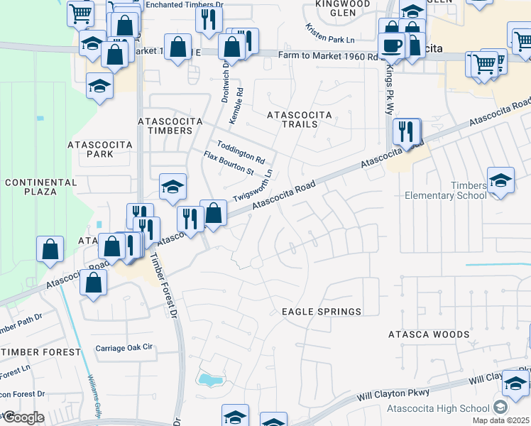 map of restaurants, bars, coffee shops, grocery stores, and more near 18527 Wild Basin Tr in Humble