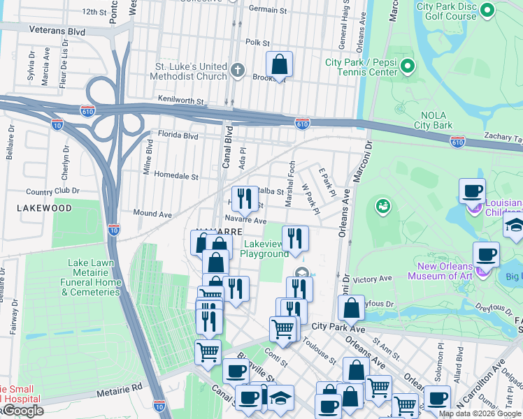 map of restaurants, bars, coffee shops, grocery stores, and more near 859 Navarre Avenue in New Orleans