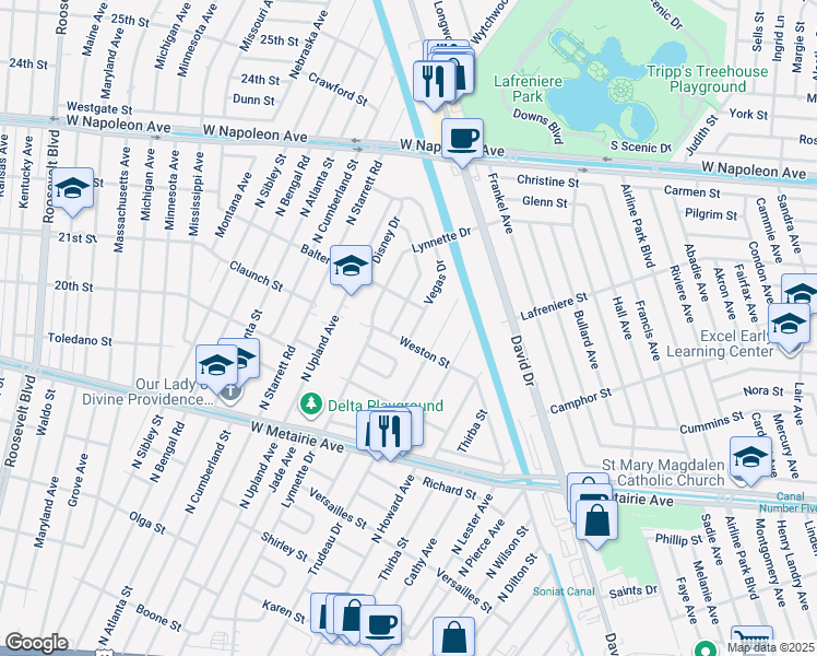 map of restaurants, bars, coffee shops, grocery stores, and more near 1400 Vegas Drive in Metairie