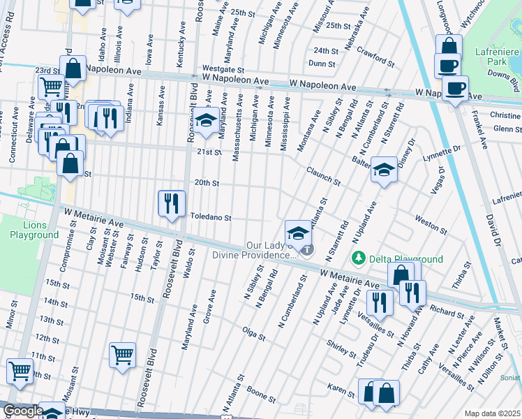 map of restaurants, bars, coffee shops, grocery stores, and more near 500 Minnesota Avenue in Kenner